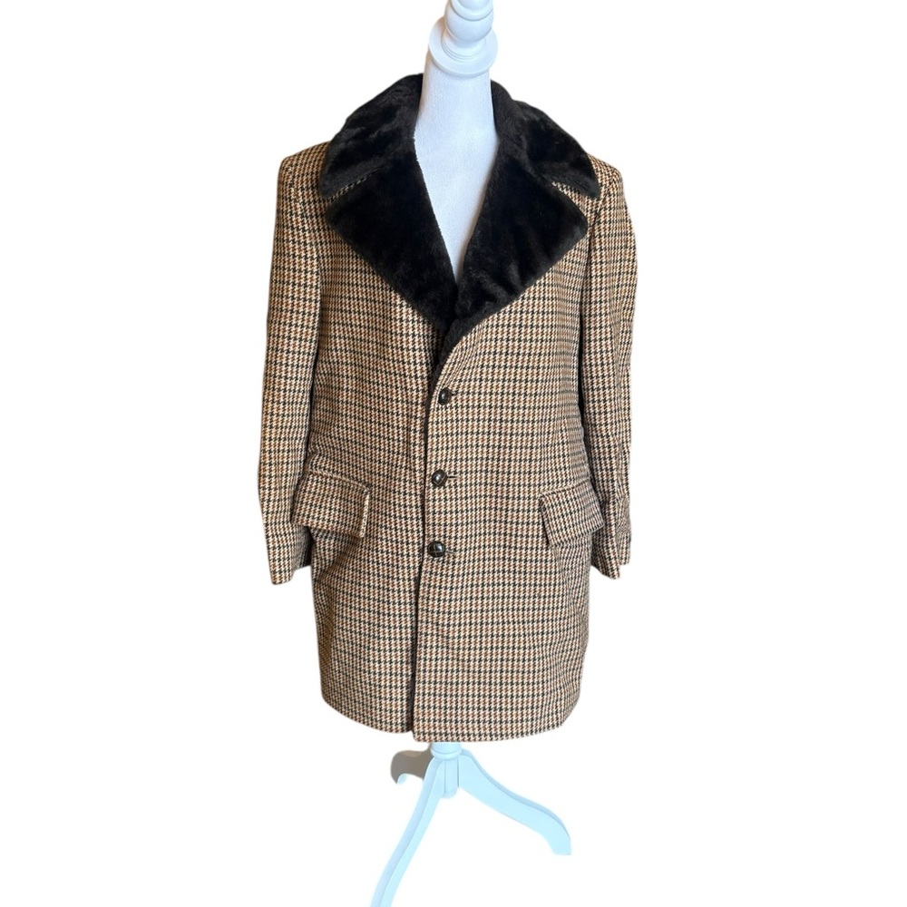 McGregor Vintage Faux Fur Lined Winter Coat Brown Black Checkered Mens Size 40